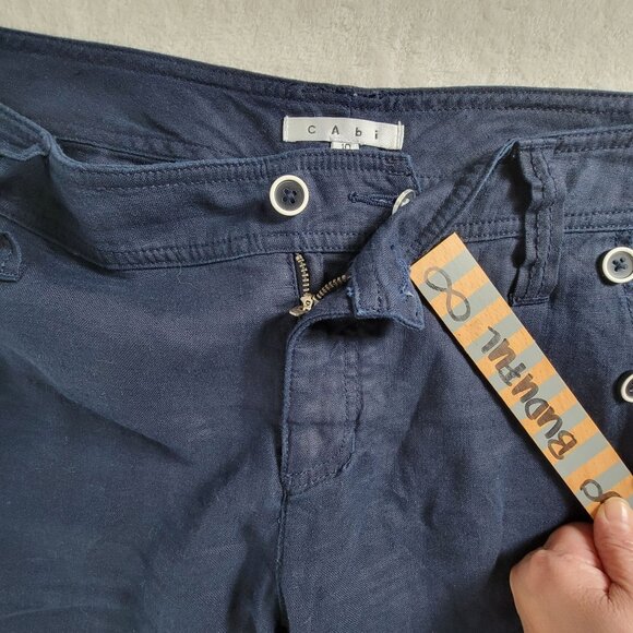 Cabi Women Navy Linen Straight Leg Cropped Pants Size 10 Nautical Button Accent - Picture 6 of 11